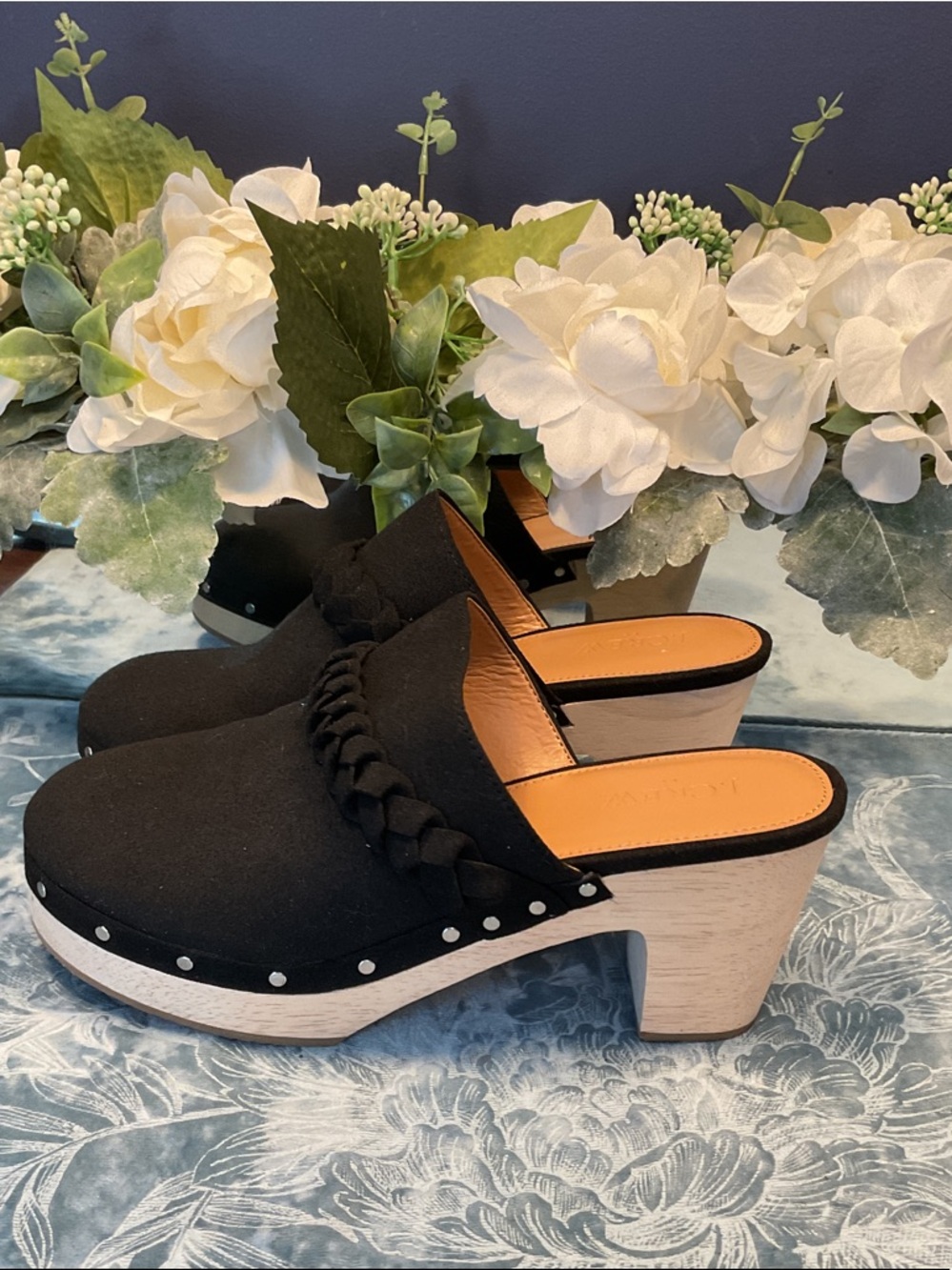 J. Crew Black Braided Mule Clogs with Light Wood Heel